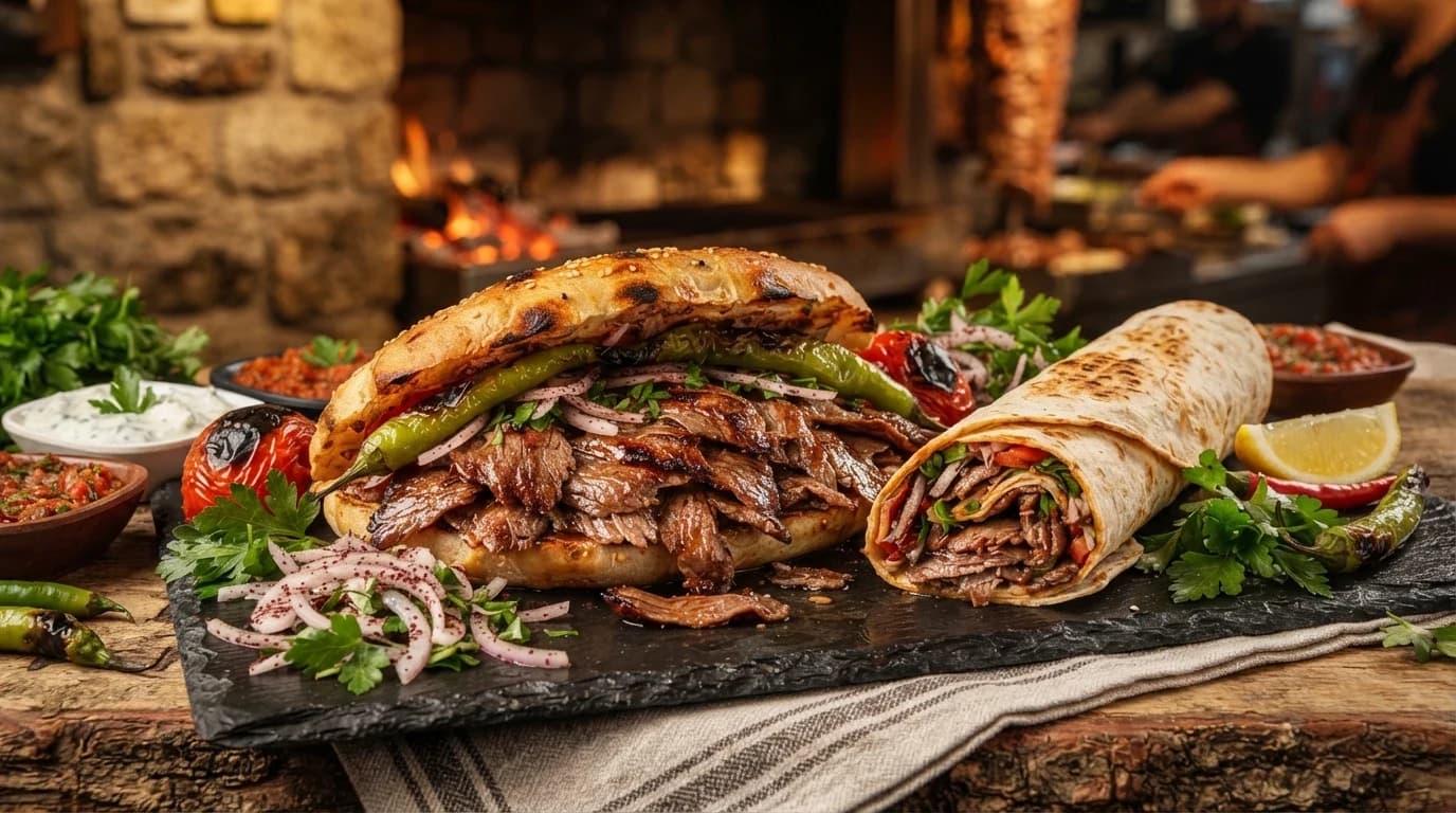 Ekmek arası döner ve dürüm, közlenmiş domates ve biberle